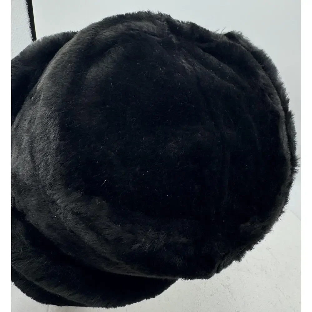 Russian Ushanka Winter Hat Black Faux Fur Soviet Union Navy Anchor Badge